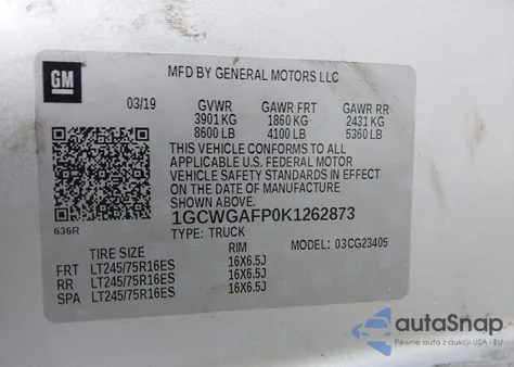 2019 Chevrolet Express 2500 Work Van из США, поврежденный, VIN 1GCWGAFP0K1262873